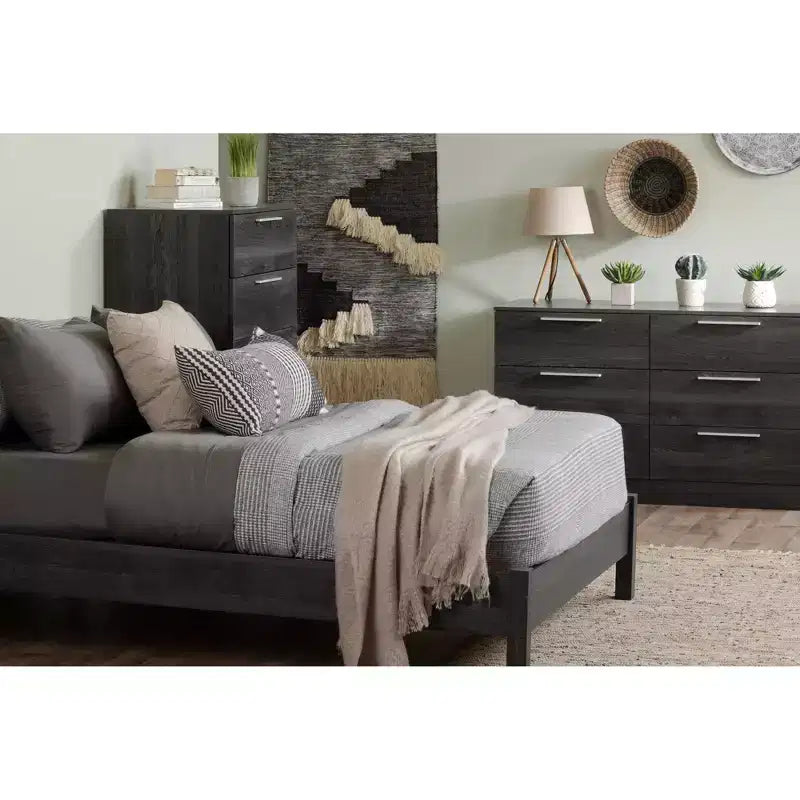 Comodino a 2 cassetti, rovere / rovere grigio, rettangolare, assemblaggio da 1 persona