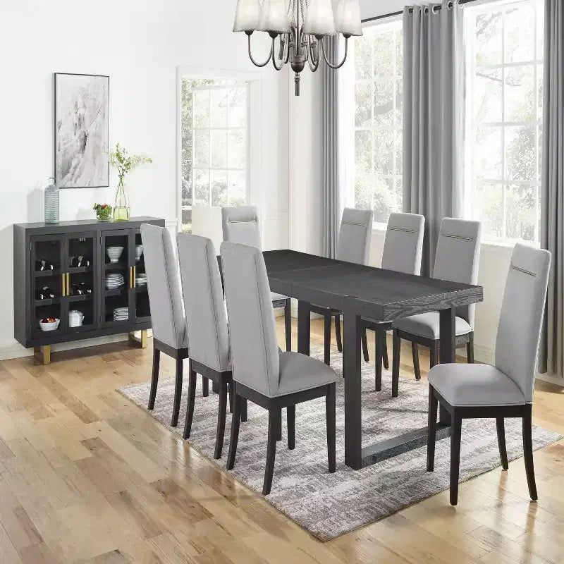 Sedia laterale senza braccioli, schienale alto e trapuntato, colore grigio, set da 2